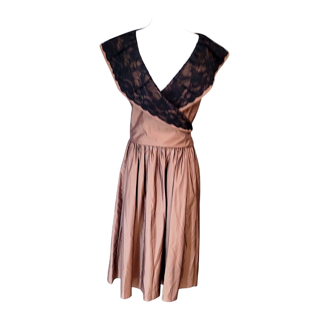 Newport News‎ Womens Brown Dress Black Lace Trim Sleeveless Size 16 Midi